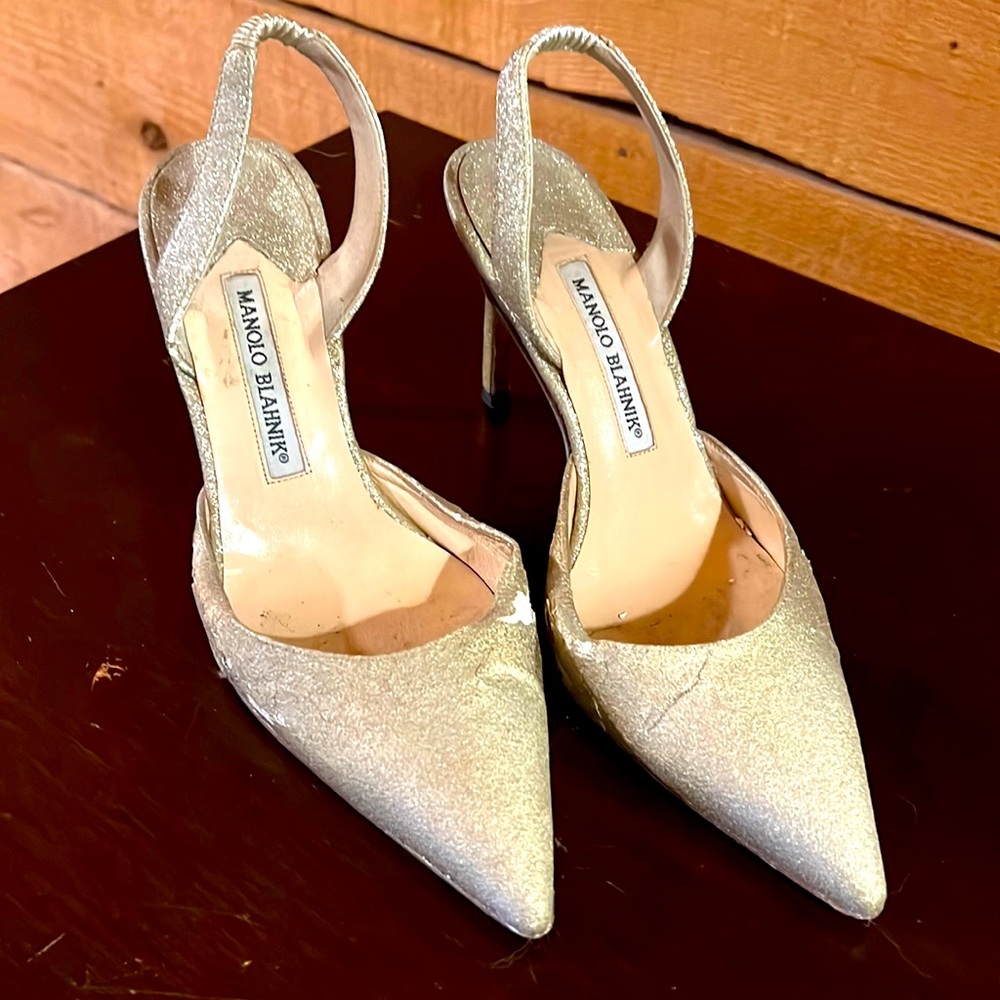 Manolo Blahnik gold glitter sling back heels